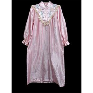 Vtg‎ 80s Liquid Satin NIghtgown Long Sz S Pink Floral Embroidery Lace Granny